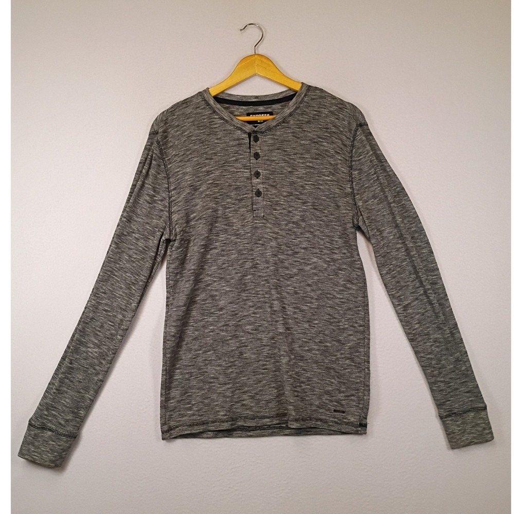 Casual Express Mens Medium Grey Space‎ Dye Waffle Knit Long Sleeve Henley Shirt